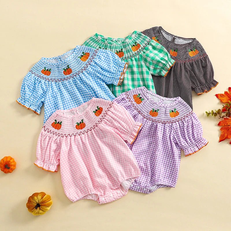 0 - 3Y Baby Halloween Fall Rompers Pumpkin Embroidered Plaid Print Smocked Ruffled Short Sleeve Round Neck Jumpsuits Bodysuits - Thandynie