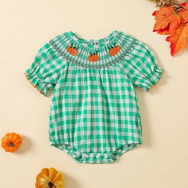 0 - 3Y Baby Halloween Fall Rompers Pumpkin Embroidered Plaid Print Smocked Ruffled Short Sleeve Round Neck Jumpsuits Bodysuits - Thandynie