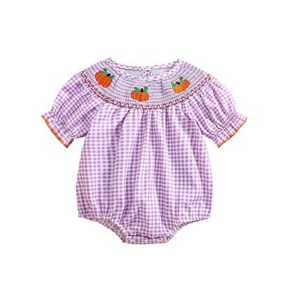 0-3Y Baby Halloween Fall Rompers Pumpkin Embroidered Plaid Print Smocked Ruffled Short Sleeve Round Neck Jumpsuits Bodysuits PURPLE