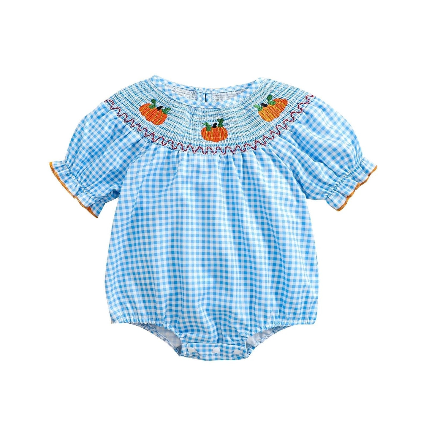 0-3Y Baby Halloween Fall Rompers Pumpkin Embroidered Plaid Print Smocked Ruffled Short Sleeve Round Neck Jumpsuits Bodysuits Blue