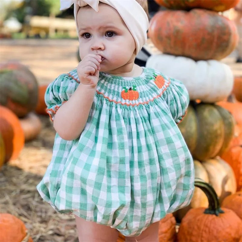 0 - 3Y Baby Halloween Fall Rompers Pumpkin Embroidered Plaid Print Smocked Ruffled Short Sleeve Round Neck Jumpsuits Bodysuits - Thandynie