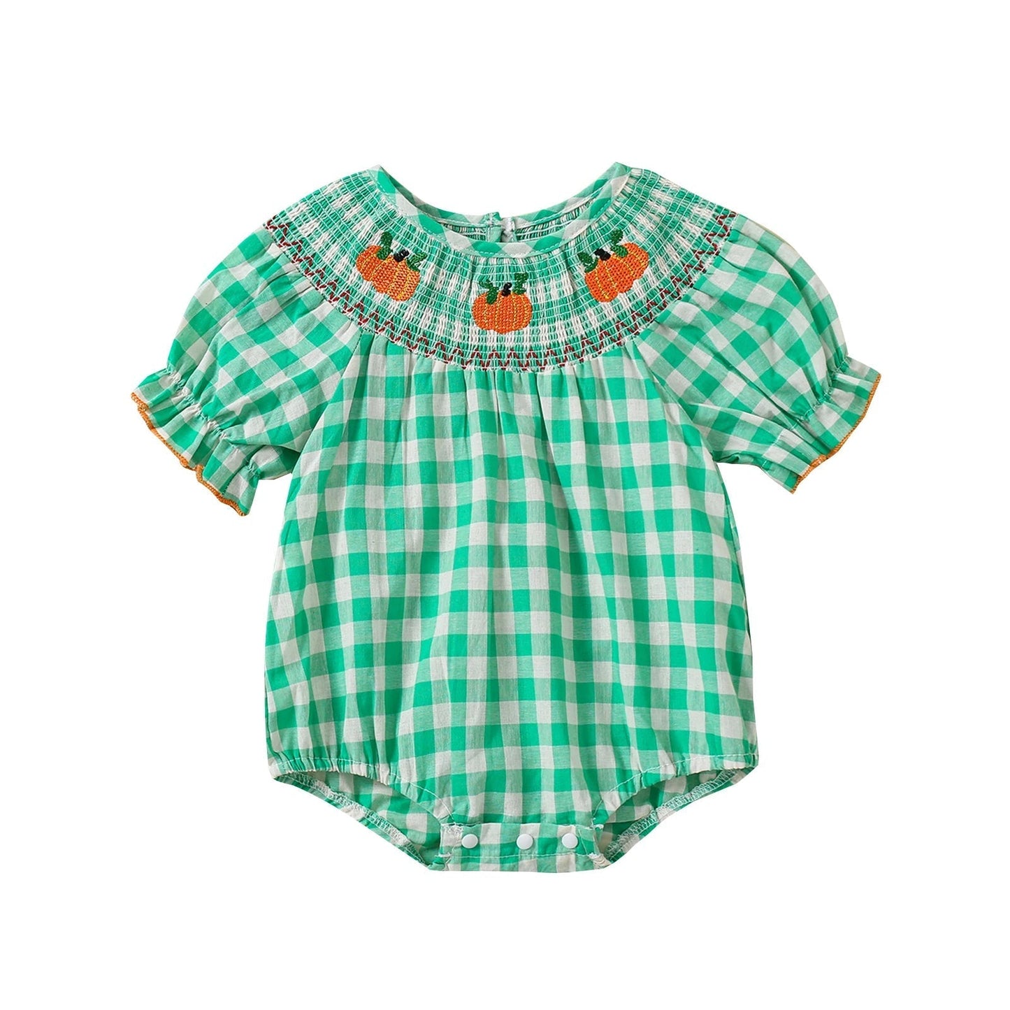 0-3Y Baby Halloween Fall Rompers Pumpkin Embroidered Plaid Print Smocked Ruffled Short Sleeve Round Neck Jumpsuits Bodysuits green