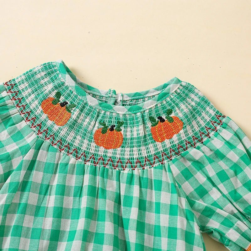 0-3Y Baby Halloween Fall Rompers Pumpkin Embroidered Plaid Print Smocked Ruffled Short Sleeve Round Neck Jumpsuits Bodysuits