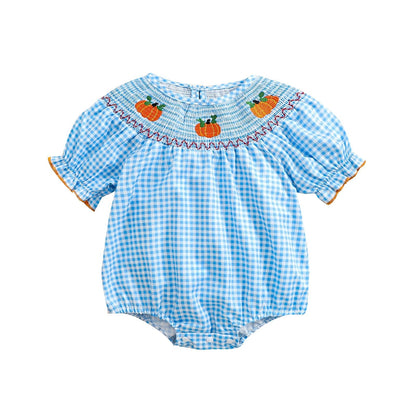 0 - 3Y Baby Halloween Fall Rompers Pumpkin Embroidered Plaid Print Smocked Ruffled Short Sleeve Round Neck Jumpsuits Bodysuits - Thandynie