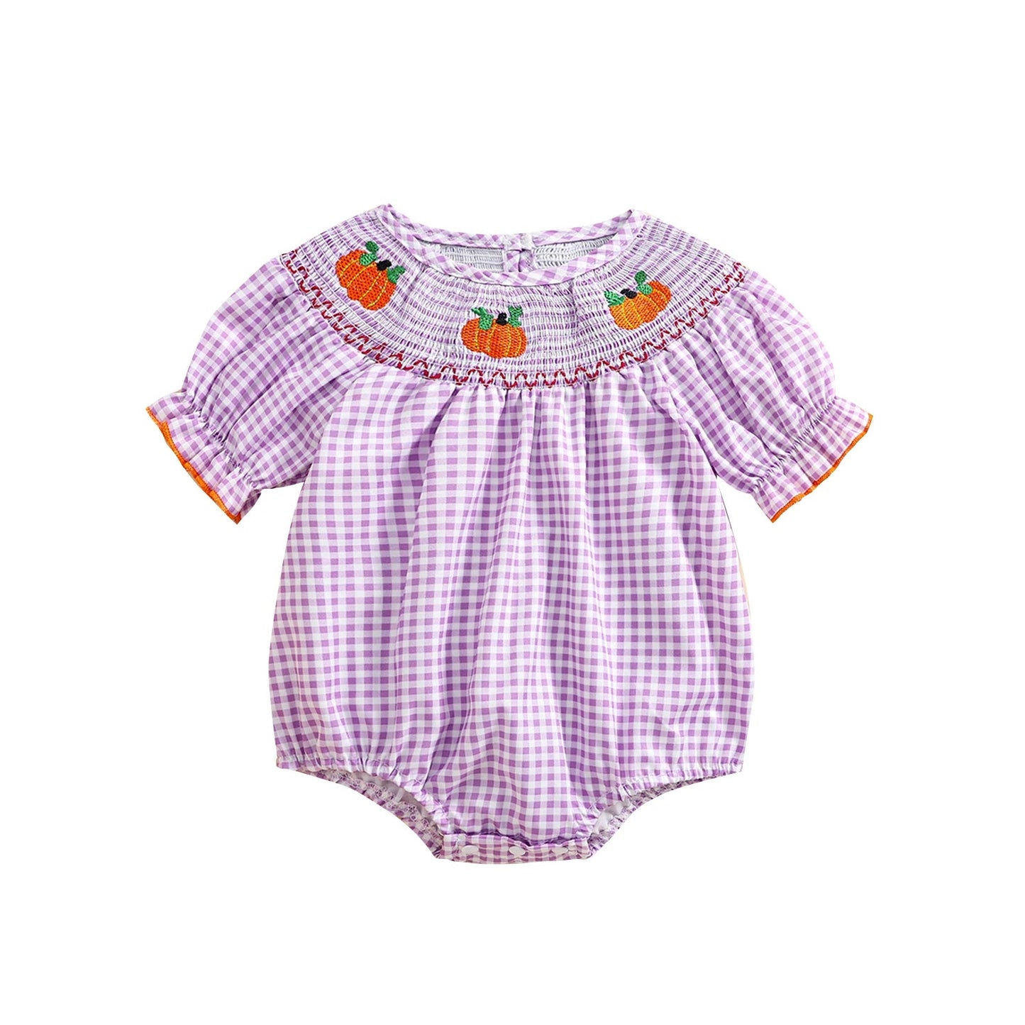 0 - 3Y Baby Halloween Fall Rompers Pumpkin Embroidered Plaid Print Smocked Ruffled Short Sleeve Round Neck Jumpsuits Bodysuits - Thandynie