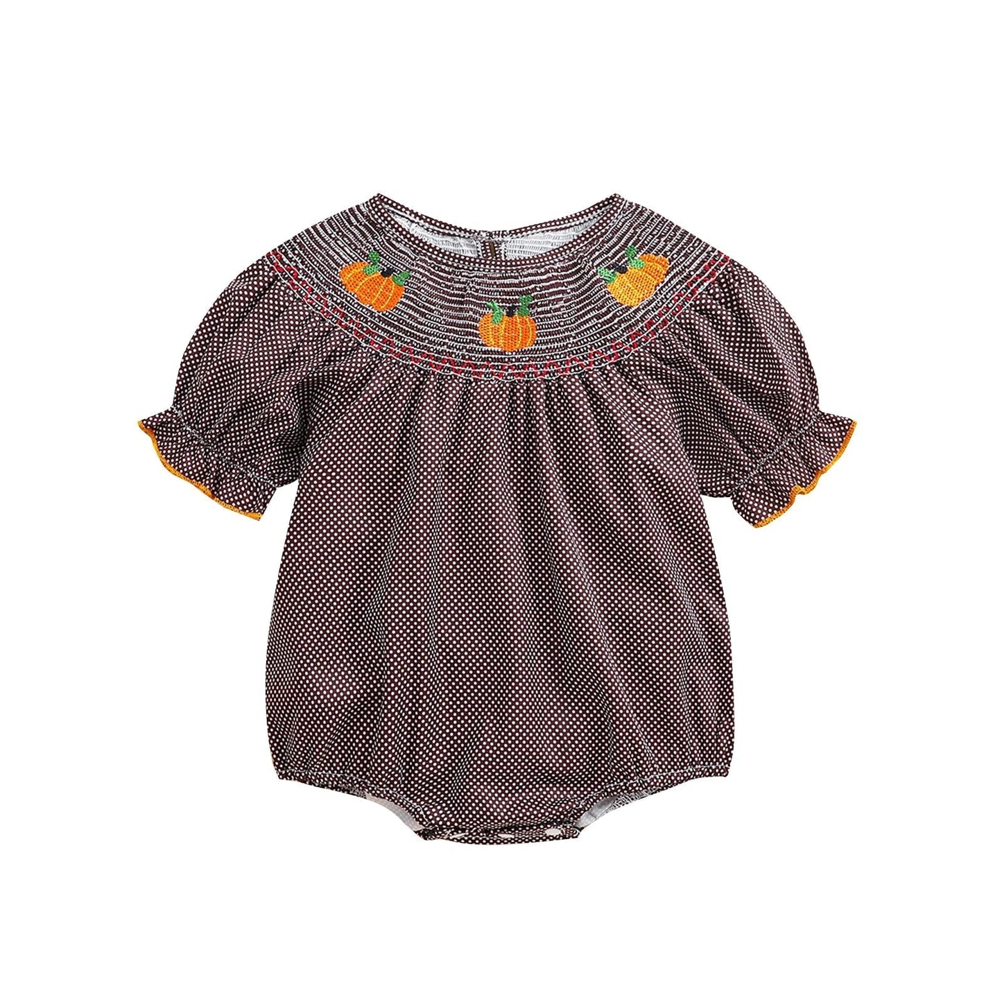 0-3Y Baby Halloween Fall Rompers Pumpkin Embroidered Plaid Print Smocked Ruffled Short Sleeve Round Neck Jumpsuits Bodysuits Brown