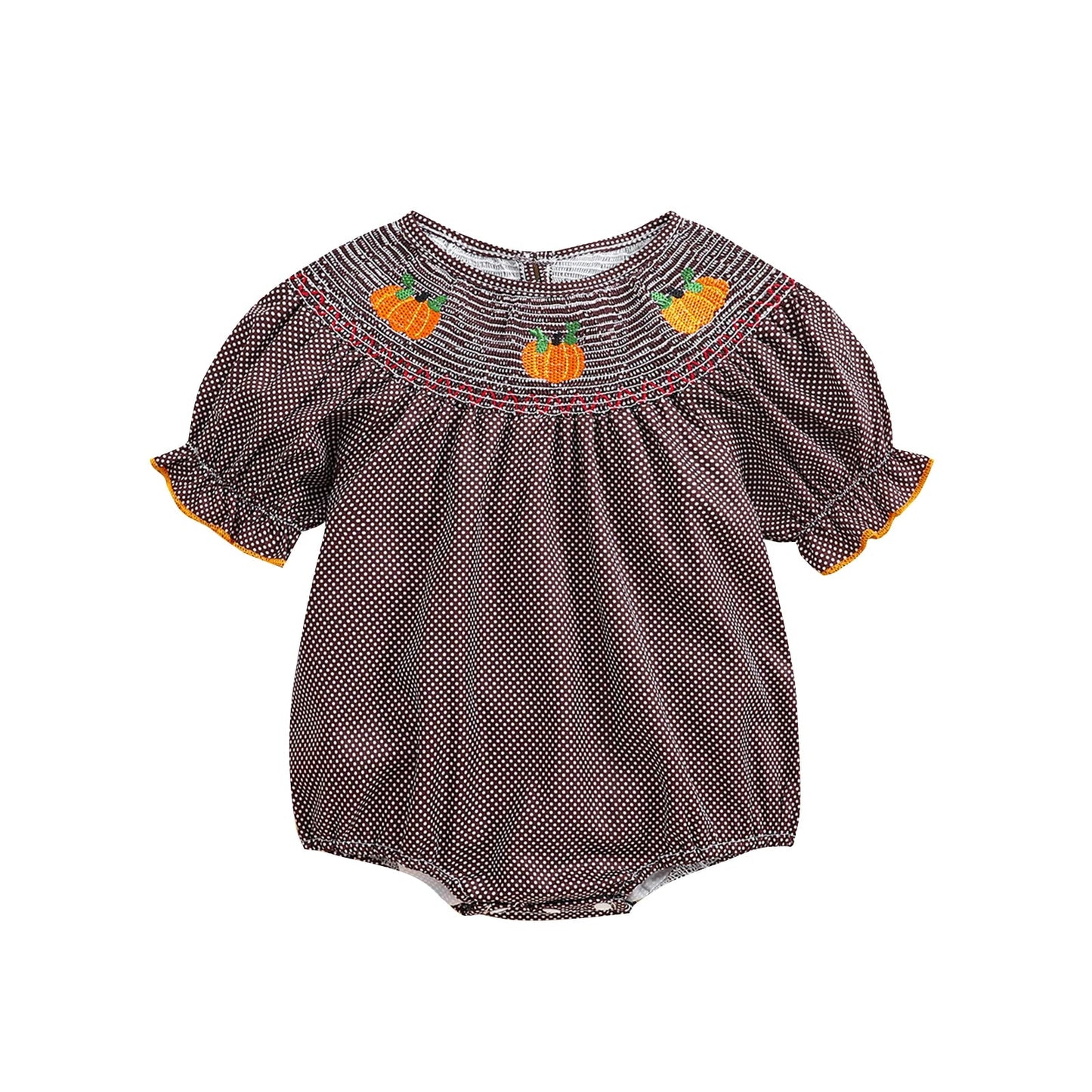 0 - 3Y Baby Halloween Fall Rompers Pumpkin Embroidered Plaid Print Smocked Ruffled Short Sleeve Round Neck Jumpsuits Bodysuits - Thandynie