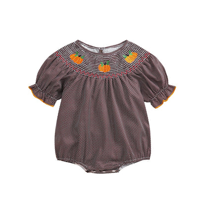 0 - 3Y Baby Halloween Fall Rompers Pumpkin Embroidered Plaid Print Smocked Ruffled Short Sleeve Round Neck Jumpsuits Bodysuits - Thandynie