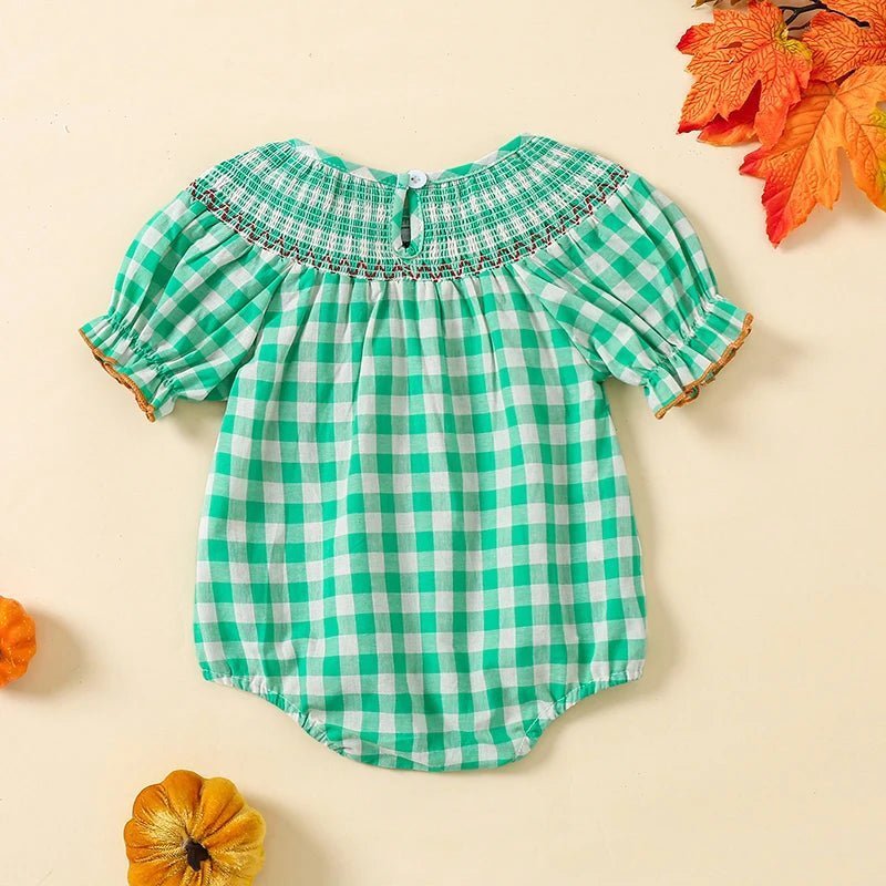 0-3Y Baby Halloween Fall Rompers Pumpkin Embroidered Plaid Print Smocked Ruffled Short Sleeve Round Neck Jumpsuits Bodysuits