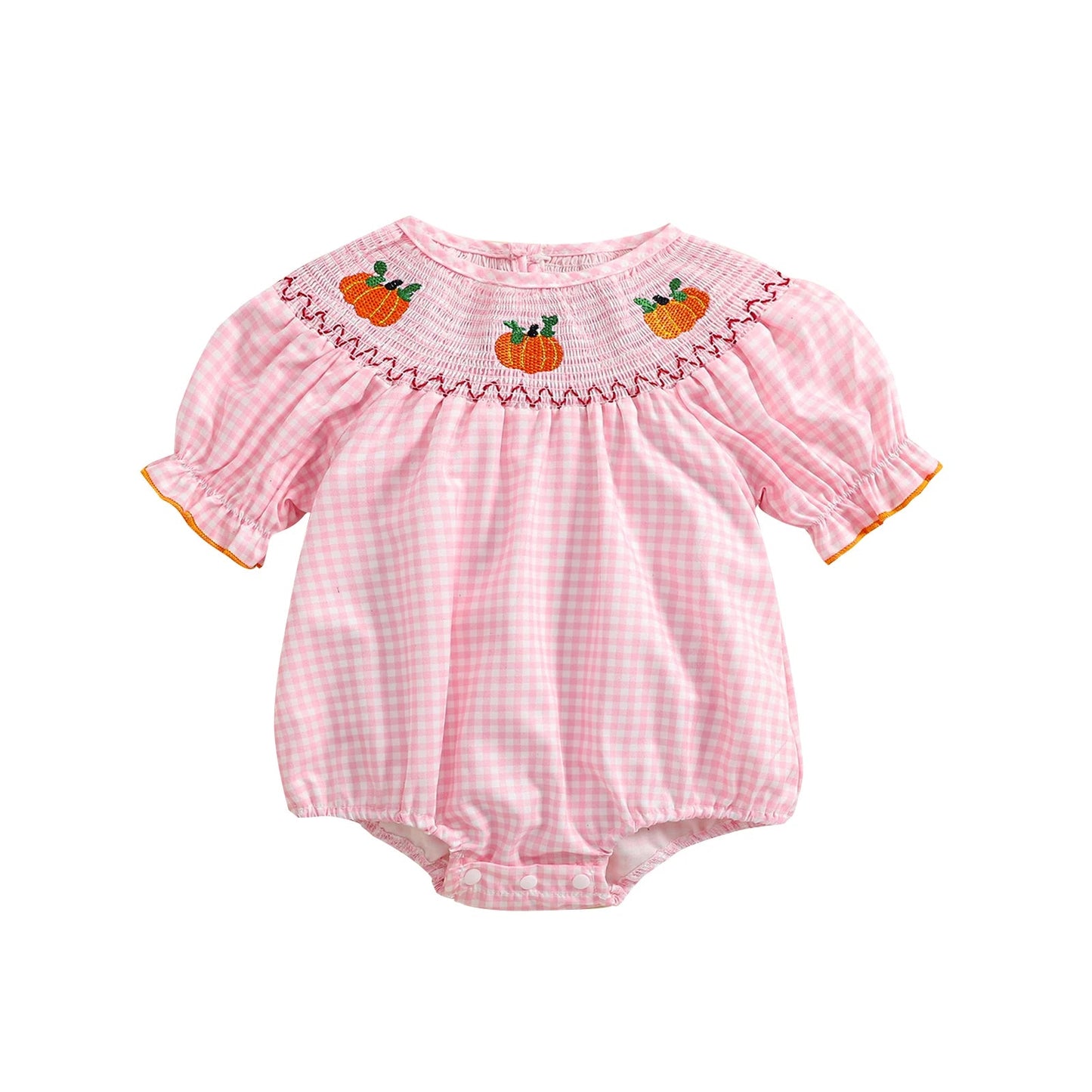 0 - 3Y Baby Halloween Fall Rompers Pumpkin Embroidered Plaid Print Smocked Ruffled Short Sleeve Round Neck Jumpsuits Bodysuits - Thandynie