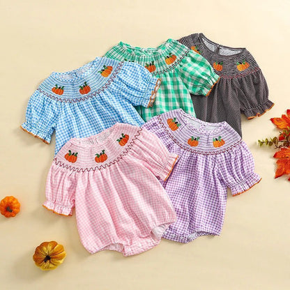 0-3Y Baby Halloween Fall Rompers Pumpkin Embroidered Plaid Print Smocked Ruffled Short Sleeve Round Neck Jumpsuits Bodysuits