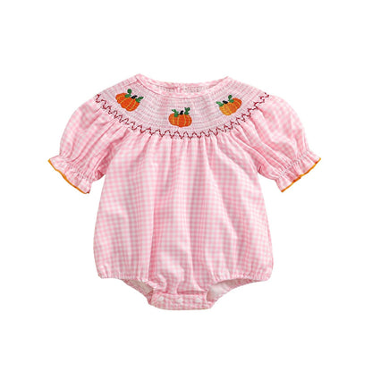 0-3Y Baby Halloween Fall Rompers Pumpkin Embroidered Plaid Print Smocked Ruffled Short Sleeve Round Neck Jumpsuits Bodysuits Pink