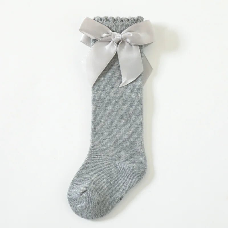 0-5Years Baby Big Bow Socks Girls Princess Socks Long Tube Loose SocksCotton Baby Girls Socks Gray