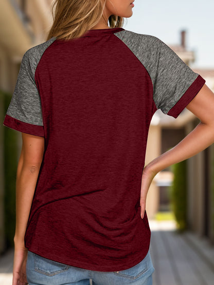 Full Size Contrast Round Neck Short Sleeve T-Shirt Burgundy