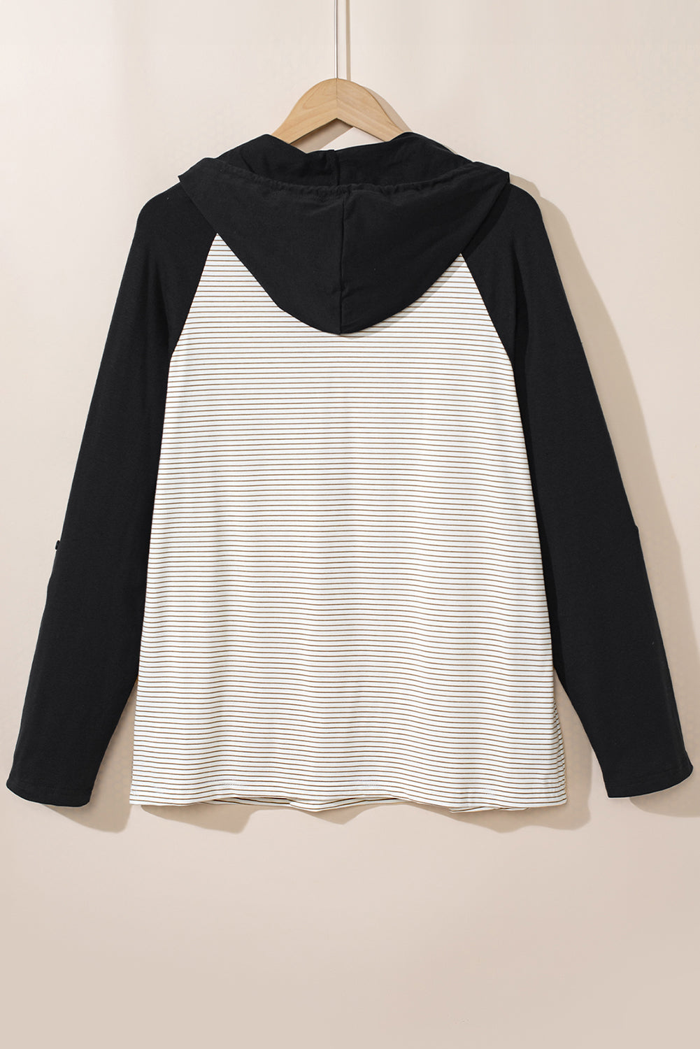 Black Striped Plus Size Hoodie with Raglan Sleeves & Buttoned Chest Pocket