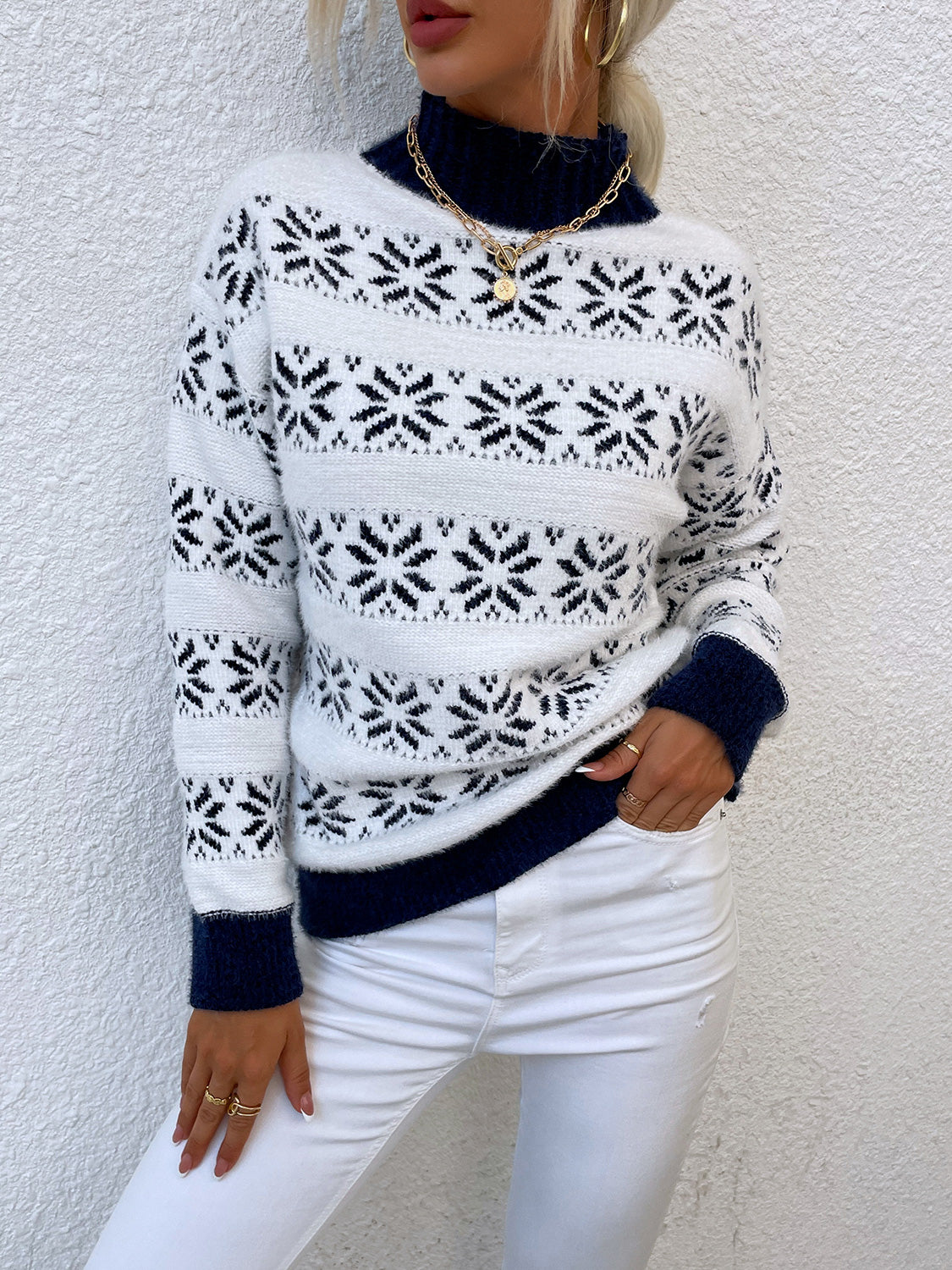 Snowflake Pattern Mock Neck Sweater Navy