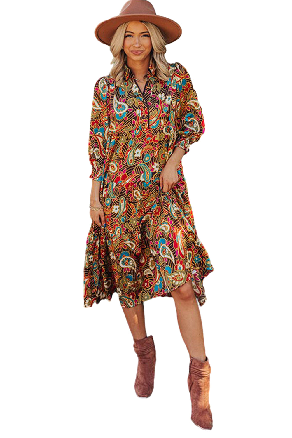 Yellow Paisley Mixed Print Collared 3/4 Sleeve Midi Dress