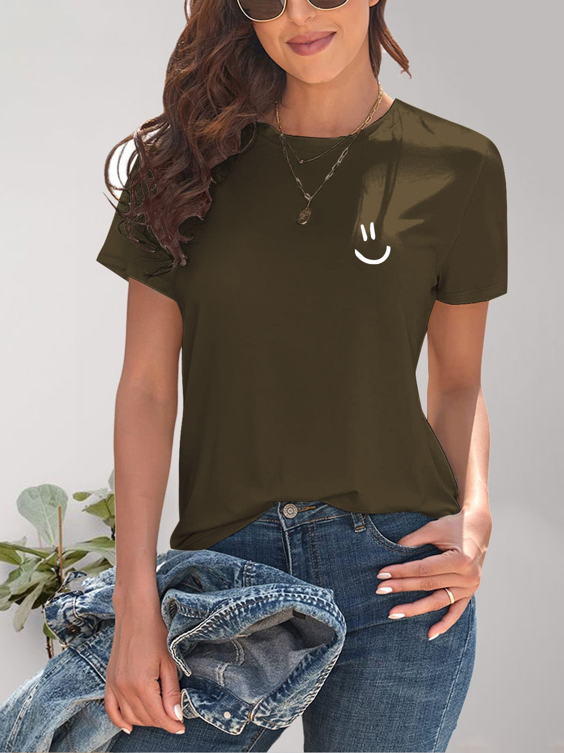Smile Graphic Round Neck Short Sleeve T-Shirt - Thandynie