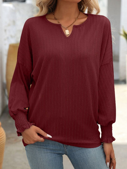 Textured Notched Lantern Sleeve T-Shirt Burgundy