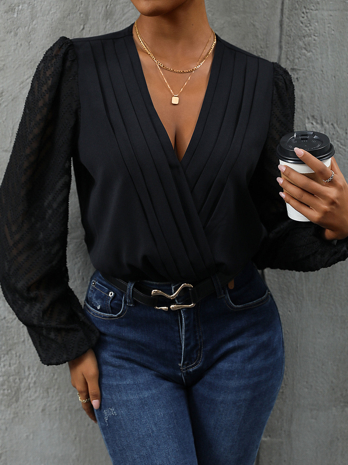 Ruched Surplice Long Sleeve Bodysuit - Thandynie