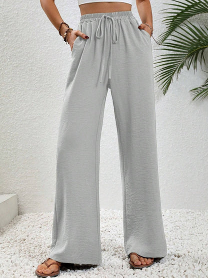 Wide Leg Drawstring Pants Light Gray