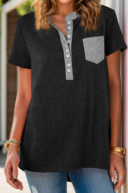 Full Size Half Button Short Sleeve T-Shirt | Casual Comfort with Pocket & Button Detail Black