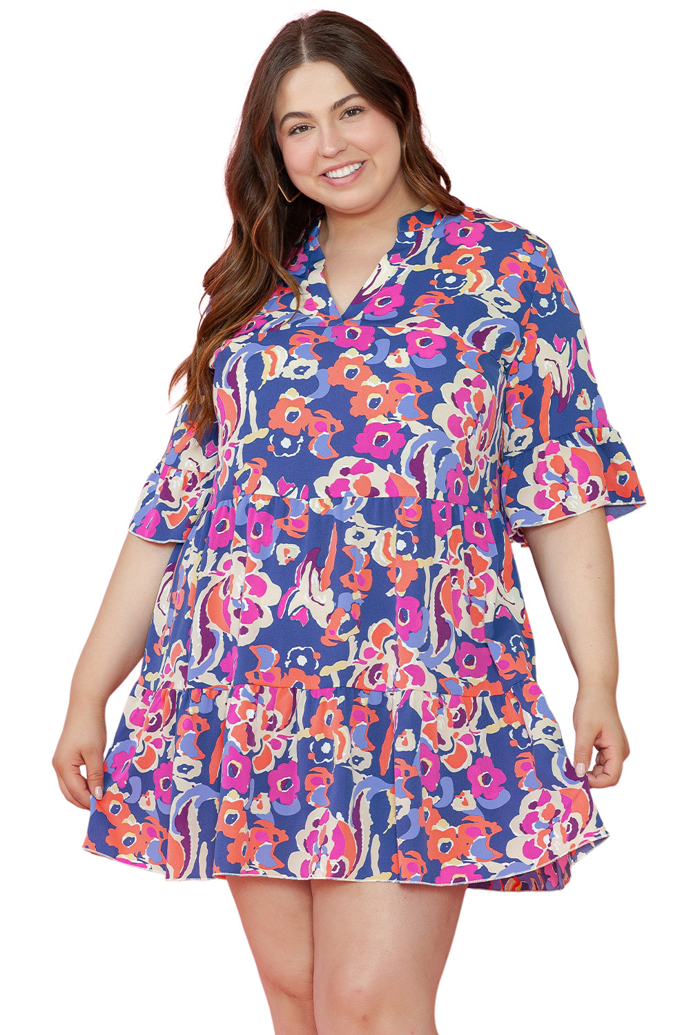 Blue Plus Size Floral Print Ruffled 3/4 Sleeve Mini Dress