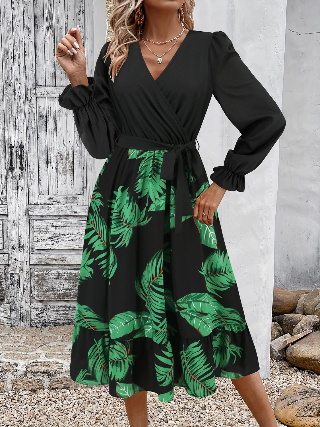 Tied Ruffled Printed Long Sleeve Dress Dark Green