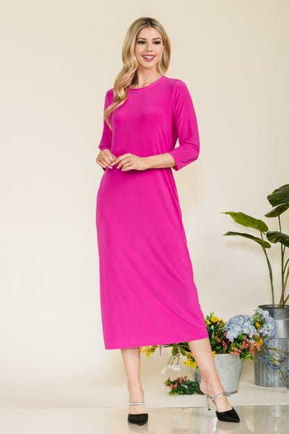 Celeste Full Size Round Neck Midi Dress FUCHSIA