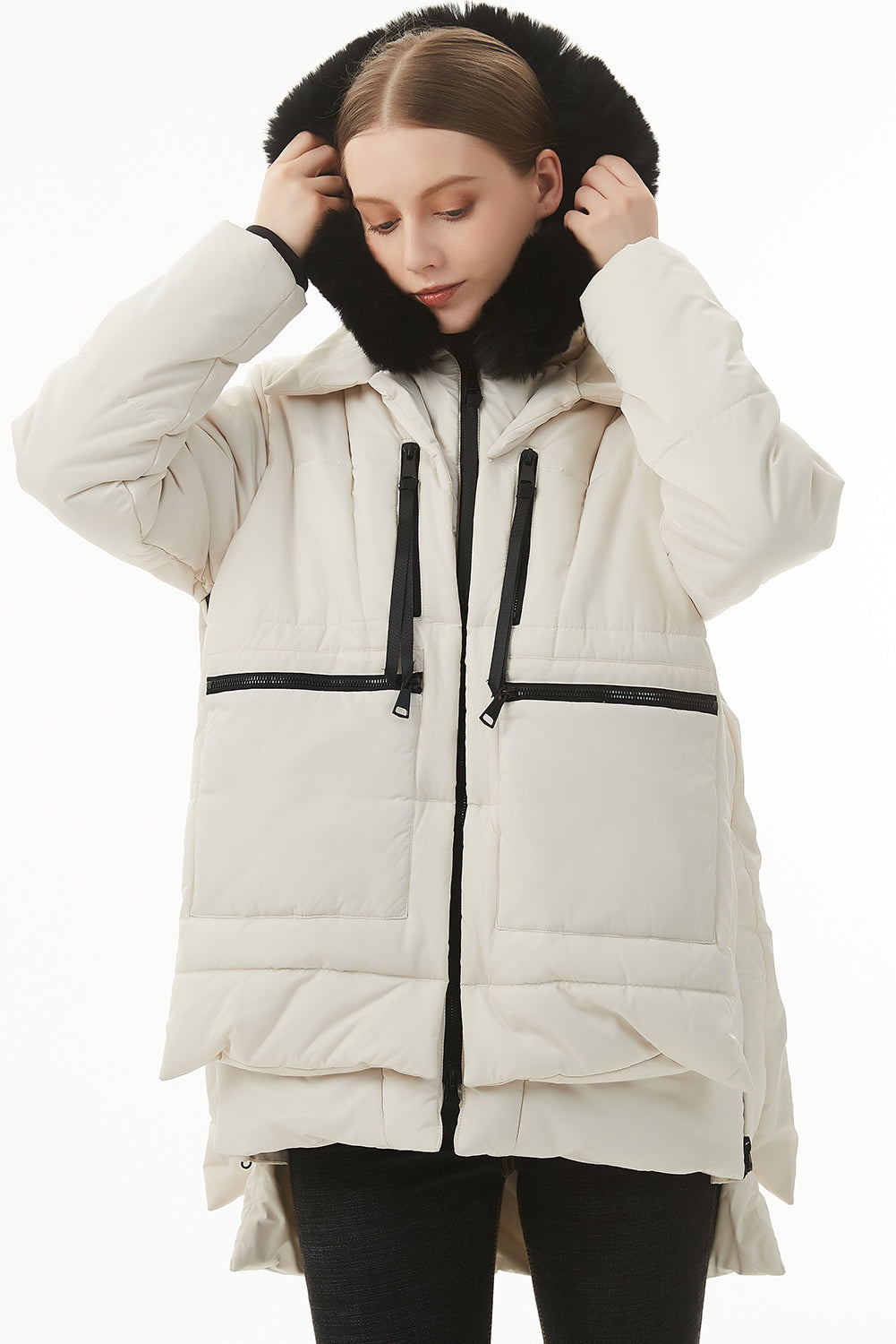 Beige Plush Linen Zip Up Hooded Puffer Coat