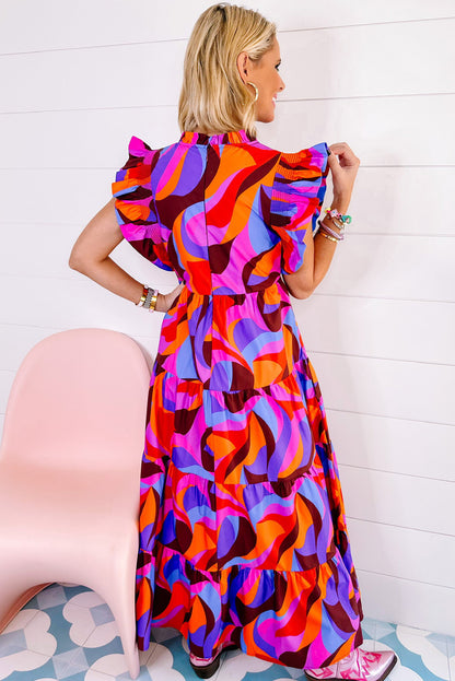 Multicolour Plus Abstract Print Ruffled Mock Neck Tiered Maxi Dress