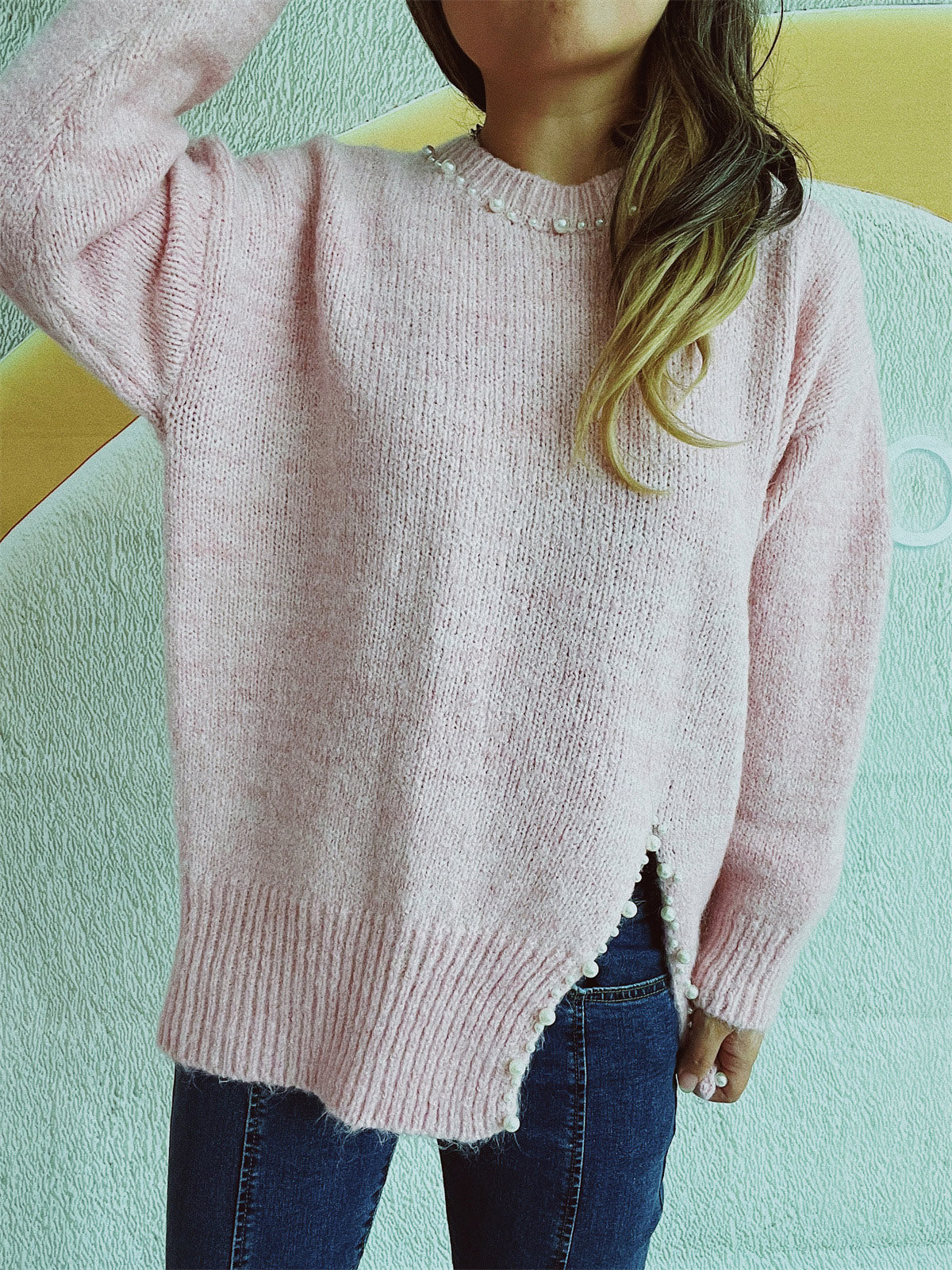 Slit Pearl Trim Round Neck Long Sleeve Sweater Blush Pink One Size