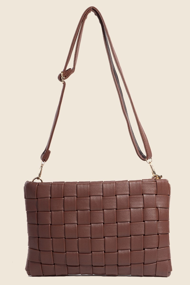 Fame Faux Leather Basket Weave Crossbody Bag Chocolate One Size