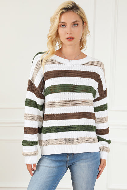 Striped Openwork Dropped Shoulder Sweater