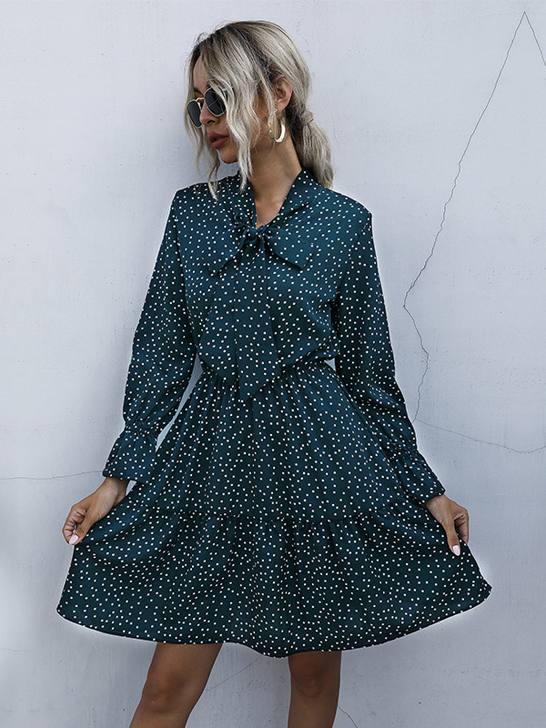 Perfee Polka Dot Tie Neck Long Sleeve Dress Black Forest