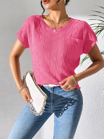 Round Neck Short Sleeve Knit Top Deep Rose