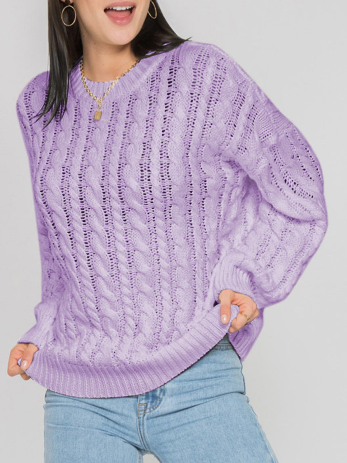 Openwork Round Sleeve Cable-Knit Sweater Lavender