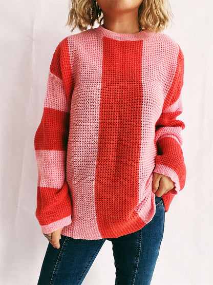 Color Block Round Neck Long Sleeve Sweater Orange-Red