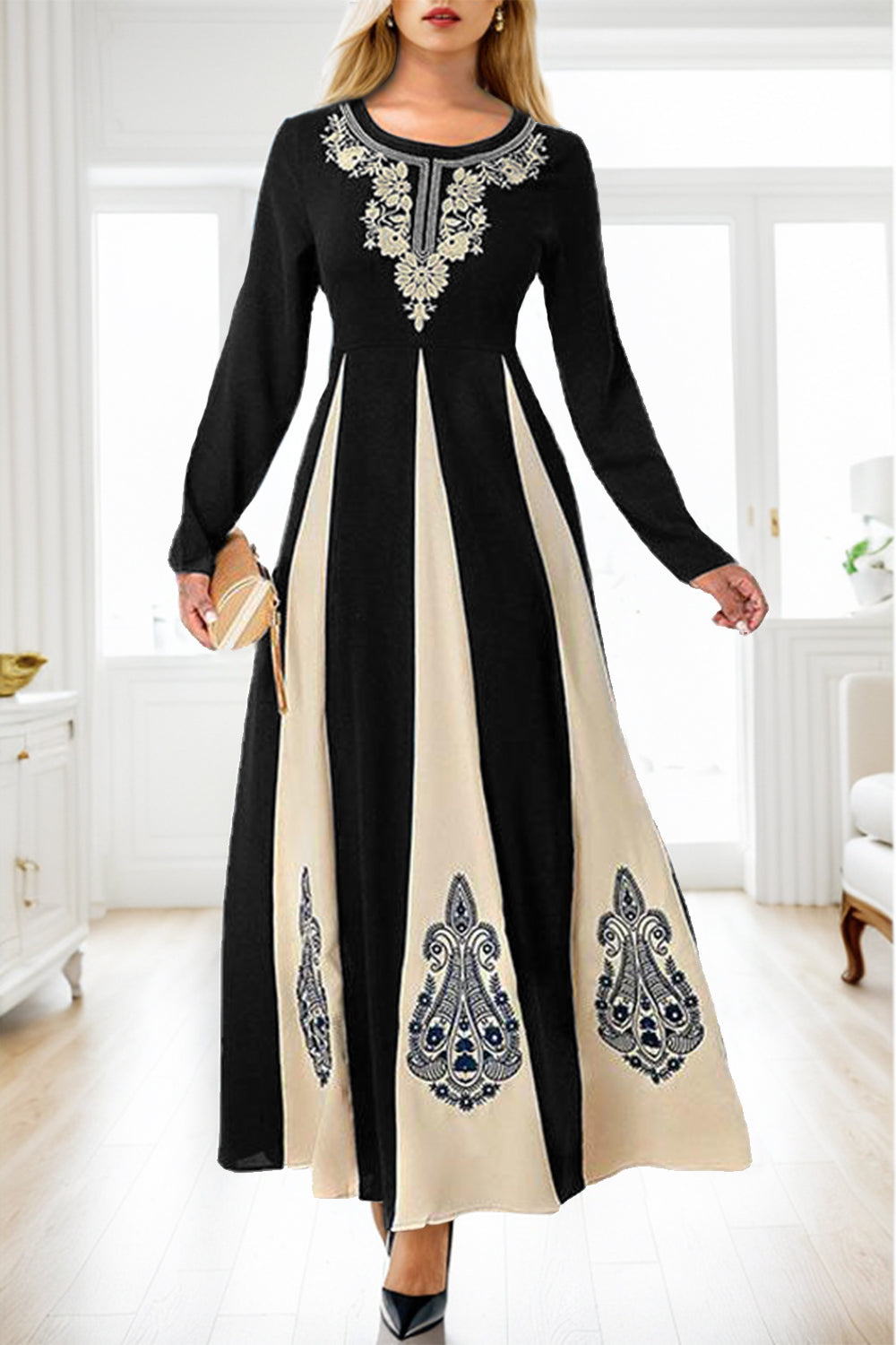 Printed Round Neck Long Sleeve Maxi Dress Black