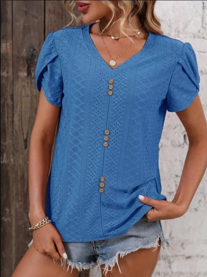 Eyelet V-Neck Petal Sleeve T-Shirt