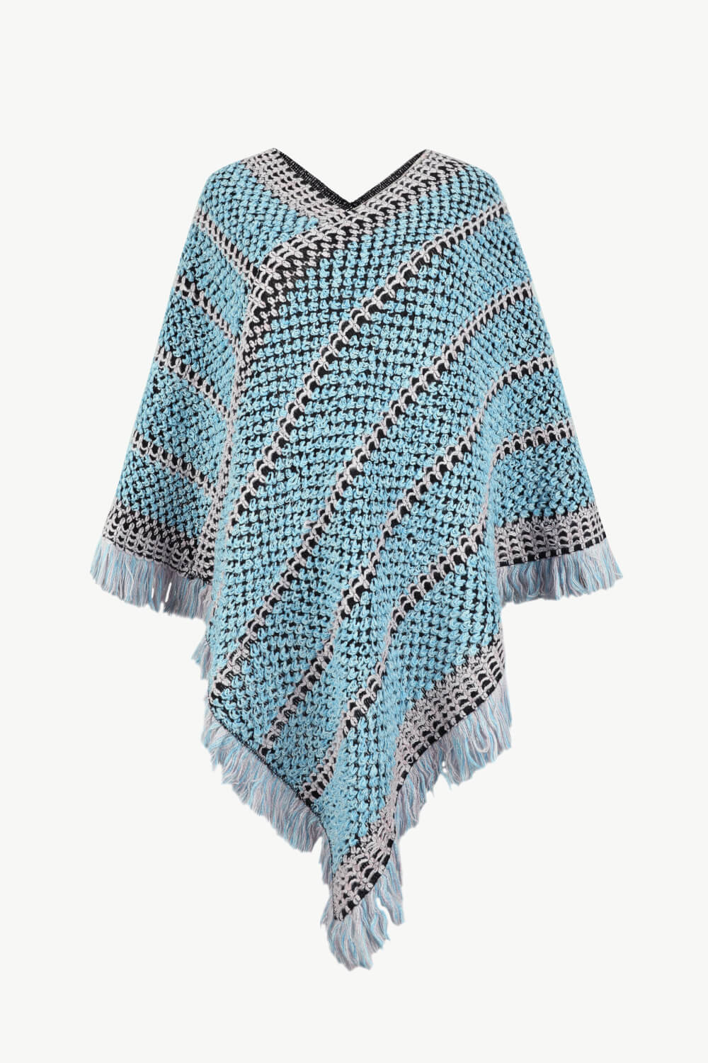 V-Neck Fringe Hem Poncho - Thandynie