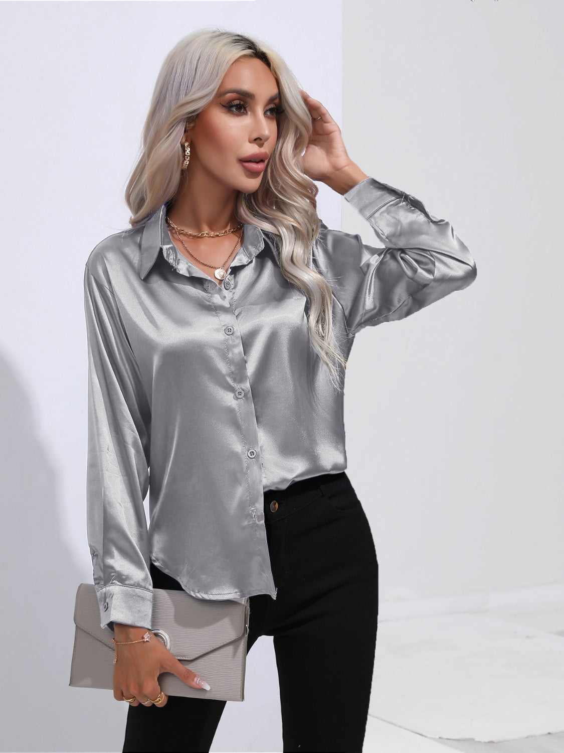 Collared Neck Buttoned Long Sleeve Shirt Light Gray