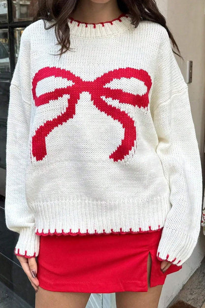 Bow Graphic Round Neck Long Sleeve Sweater White