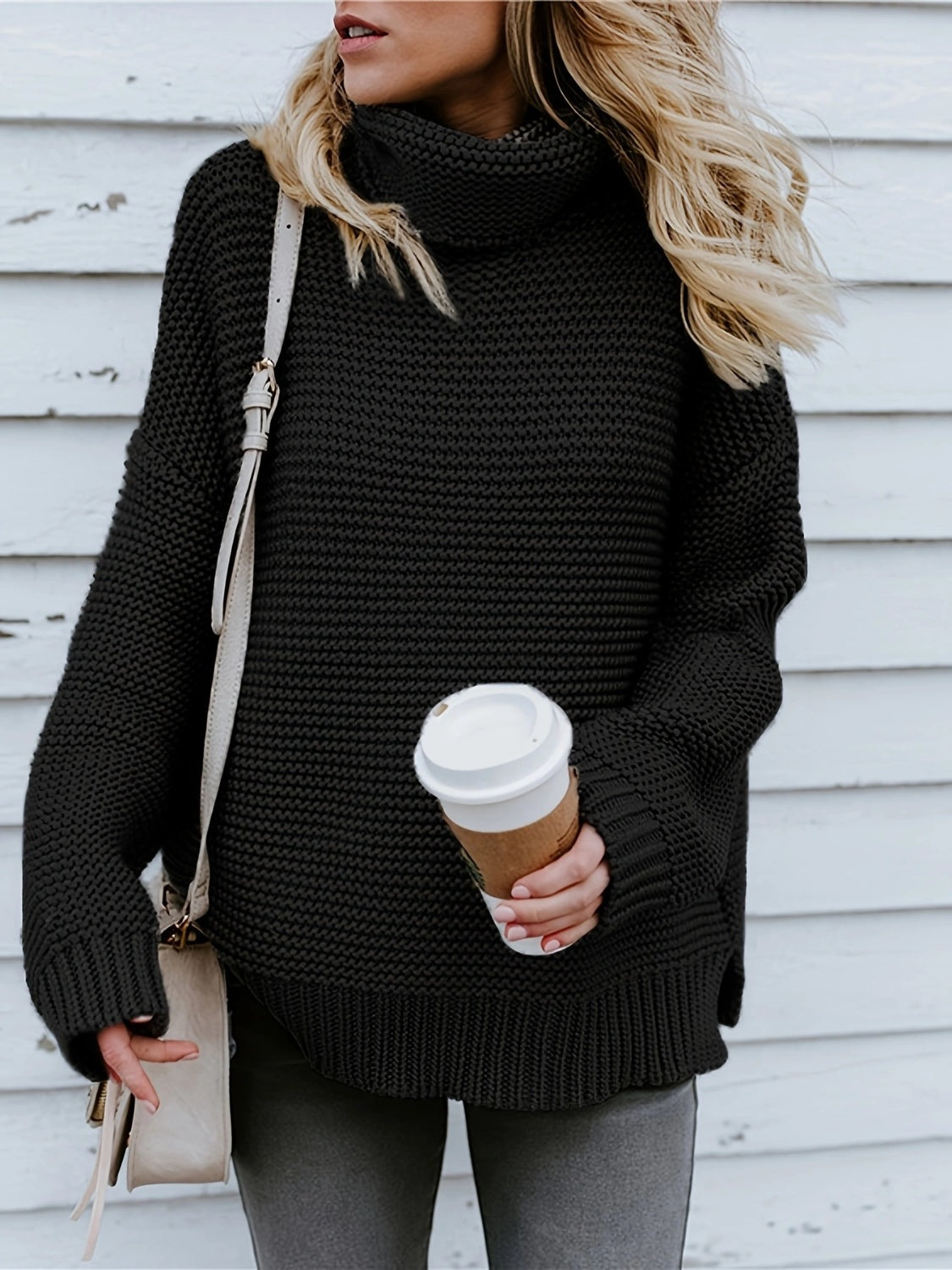 Turtleneck Dropped Shoulder Sweater Black