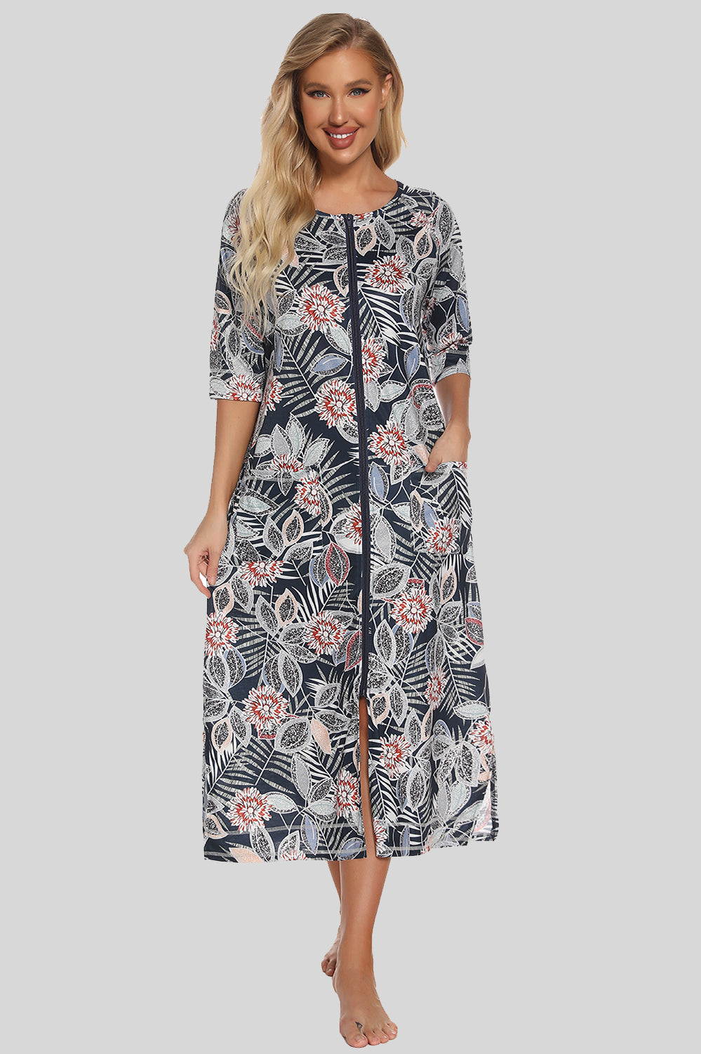 Printed Slit Night Dress with Pockets Black