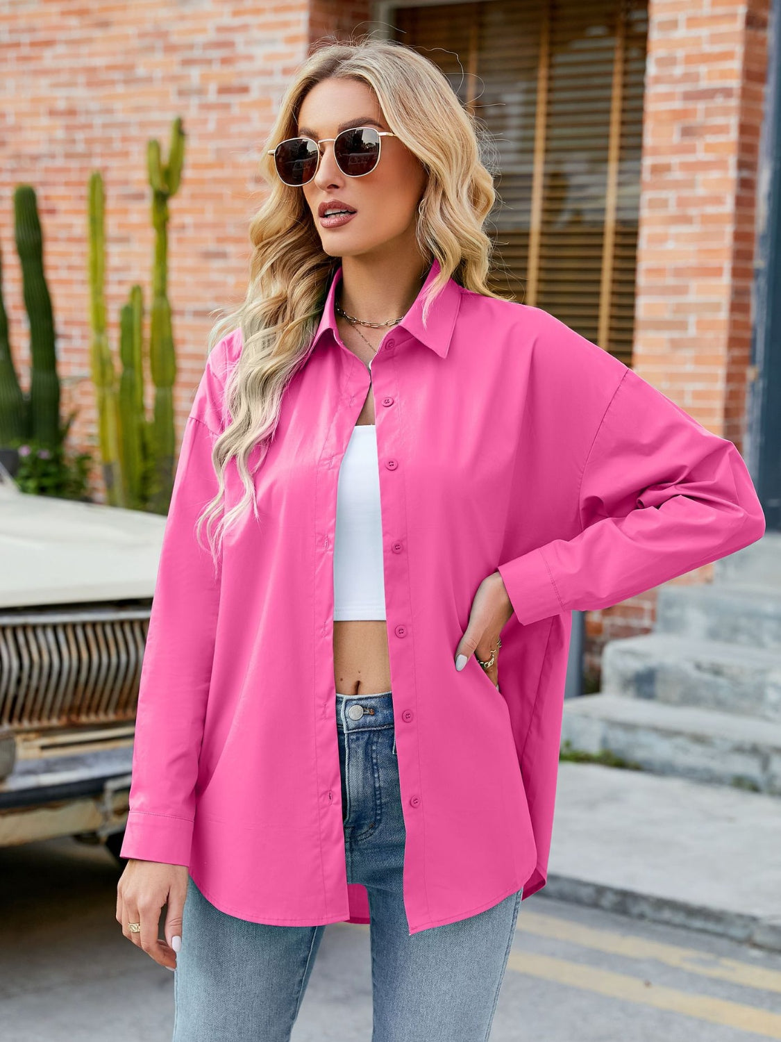 Button Up Collared Neck Long Sleeve Shirt Hot Pink