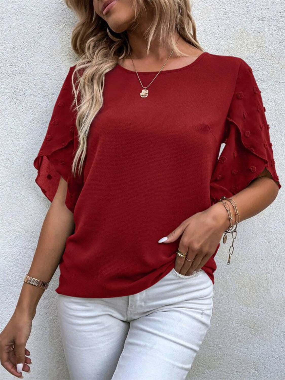 Swiss Dot Round Neck Half Sleeve Blouse - Thandynie