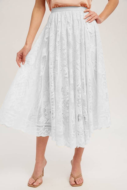 Lace High Waist Midi Skirt White