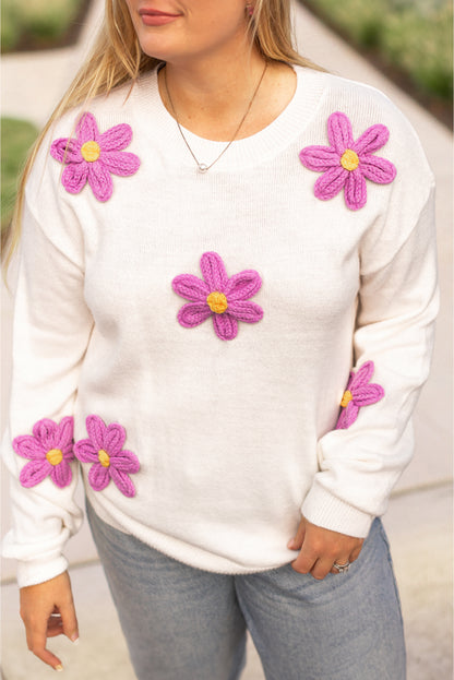 White Plus Size Flower Crochet Drop Shoulder Knit Sweater