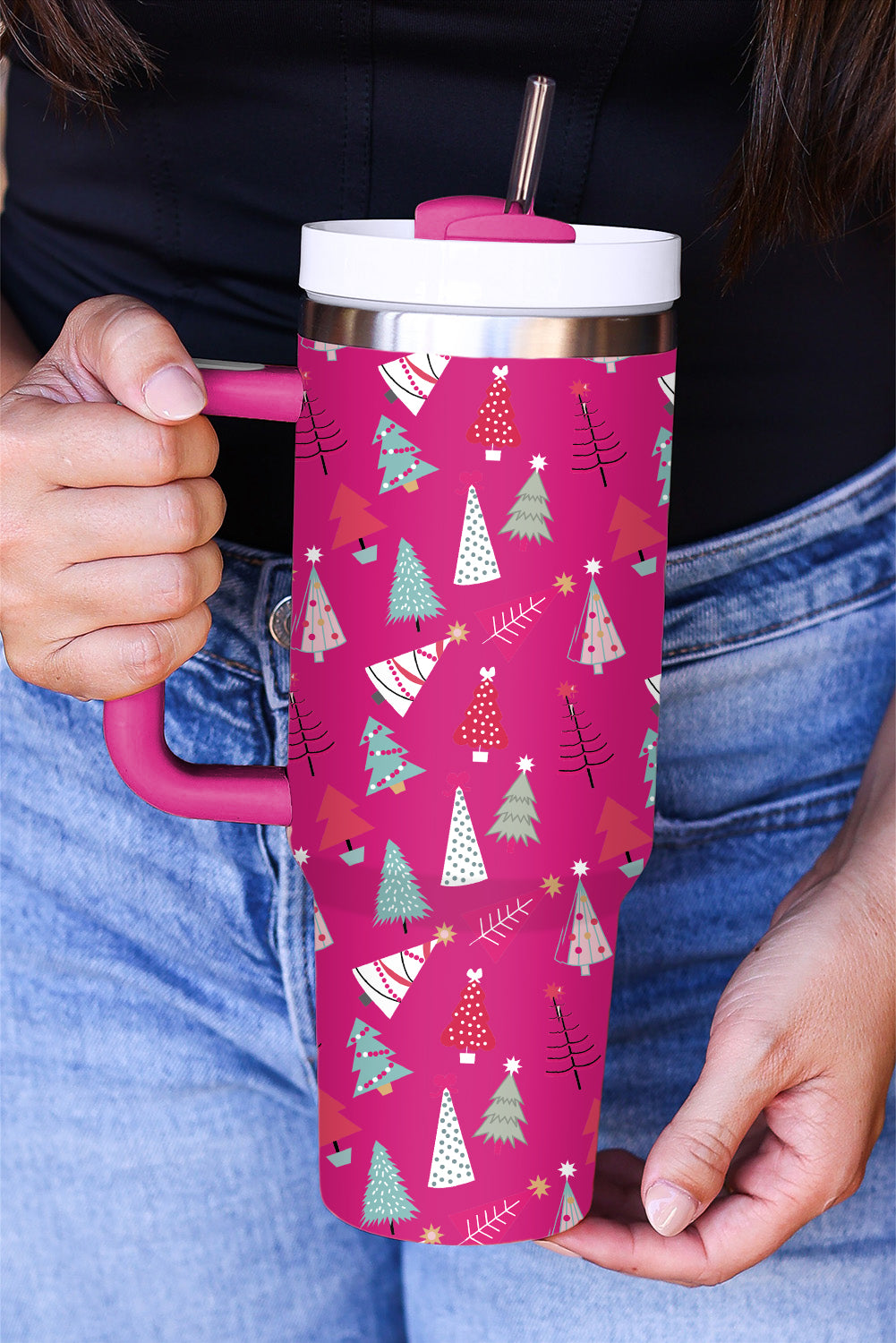 40oz Rose Red Cartoon Christmas Tree Printed Thermos Cup Rose Red ONE SIZE 100%Alloy